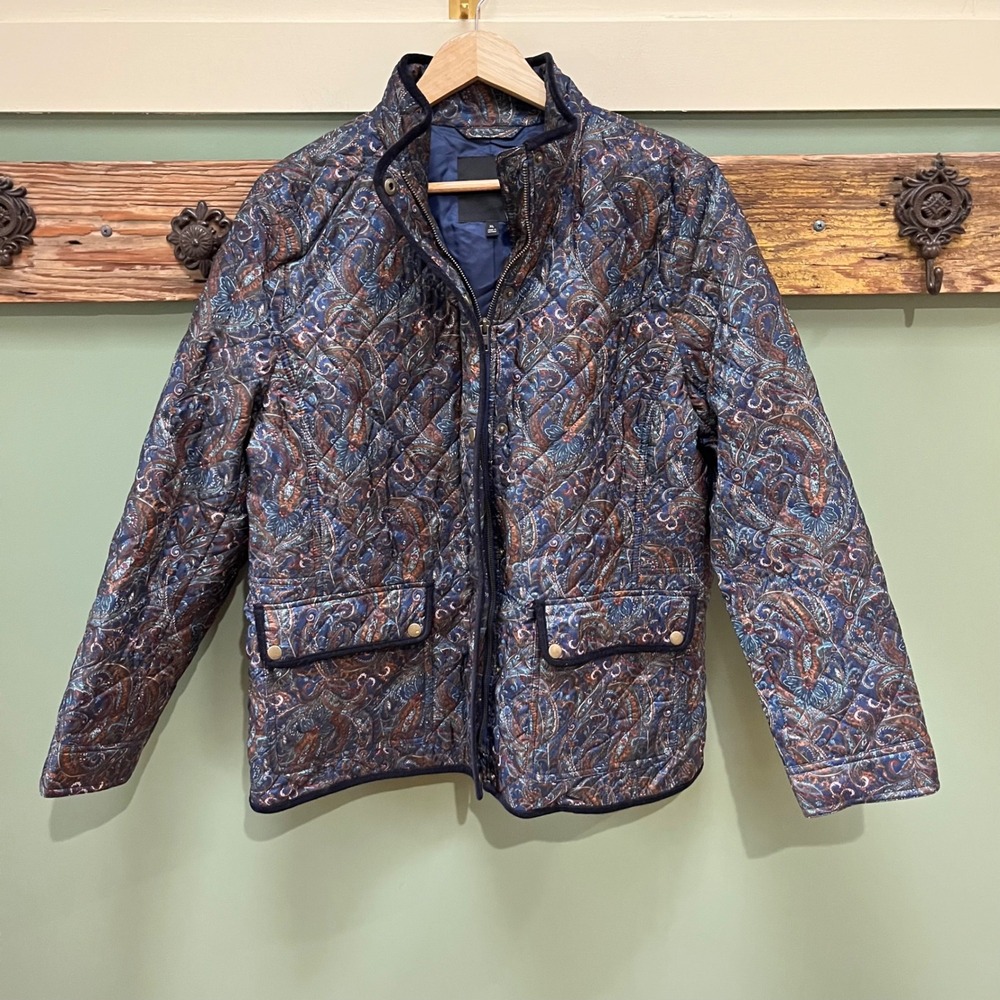 Talbots Womens XL Blue Paisley Quilted Barn Jacket Corduroy Trim Zip Snap Front